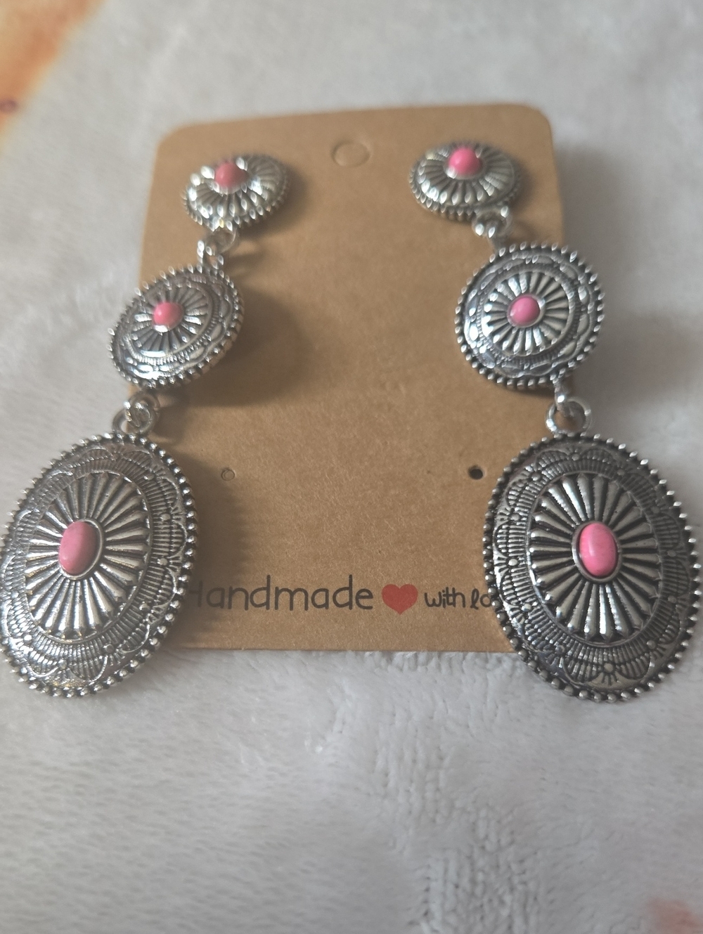 Western Handmade Silver-Tone Pink Stone Concho  Drop Dangle Earrings
